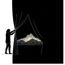 Ilustración que muestra la manifestación como el acto de descorrer un velo sobre lo que ya existe.